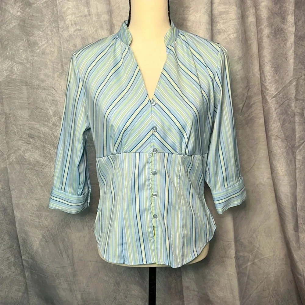 DCC Missy Green, Blue, Sage and White Striped Button Down 3/4 Sleeve Blouse